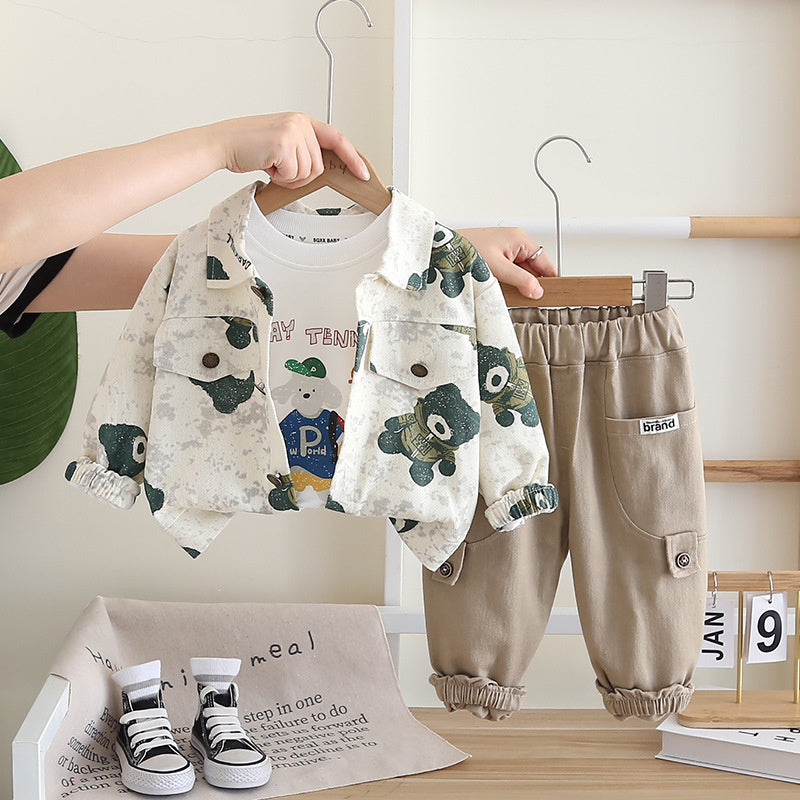 Children's Clothing Boys Spring and 2024 New Full Print Bear Workwear Three-Piece Set Baby Autumn Toddler Clothes Kids