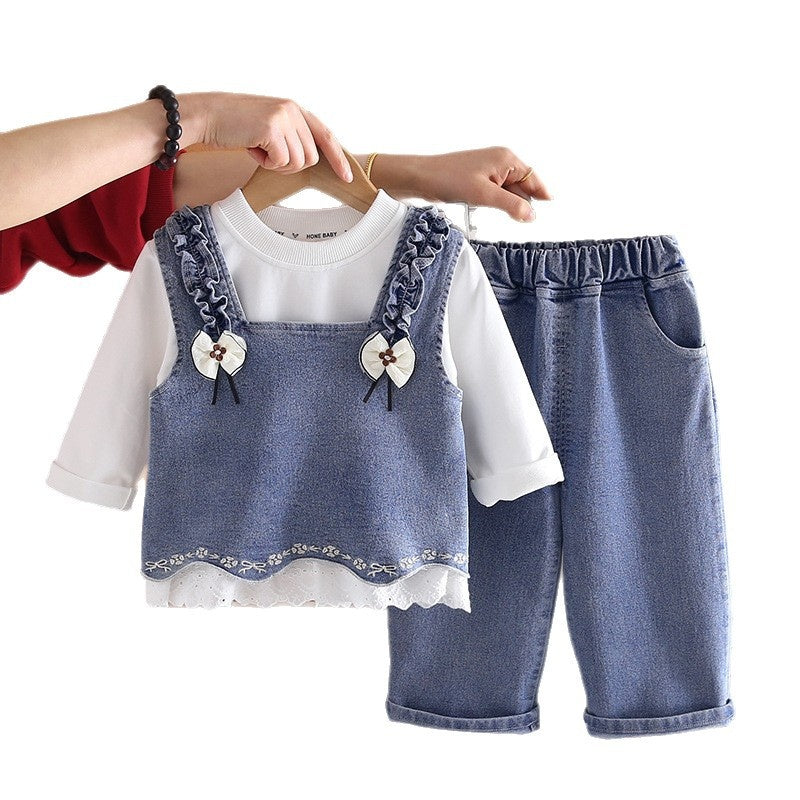 Girls' Spring Outfit Set 2026 New Korean Style Children's Embroidered Hem Vest Three-Piece Princess Baby Girl Clothes