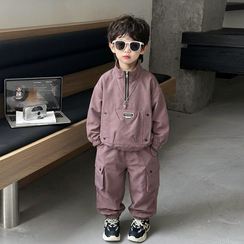 Boys' Autumn Outfit Set 2026 New Fashionable Children's Long-Sleeve Half-Zip Large Pocket Two-Piece Spring/Autumn Clothing Trendy