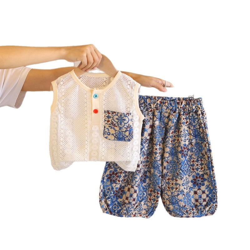 Boys' and girls' outfit 2026 new stylish baby clothes children's summer sleeveless pocket two-piece set