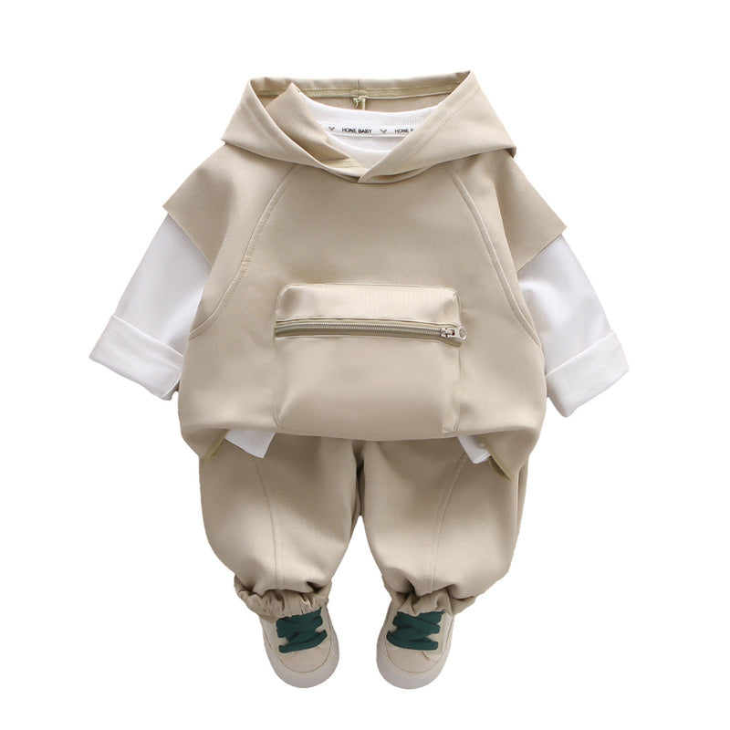 Boys' Spring and Autumn Outfit 2025 New Fashionable Solid Color Stylish Patchwork Large Pocket Hooded Vest Three-Piece Set