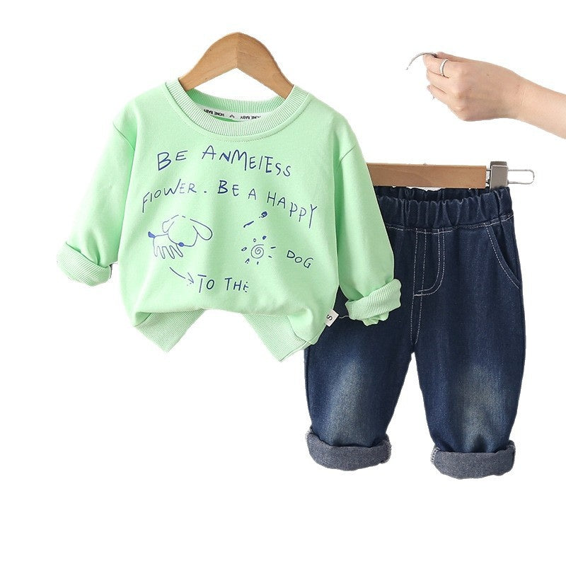 Boys' sports outfit, stylish letter-print puppy sweatshirt two-piece set, trendy spring autumn clothing for infants and children