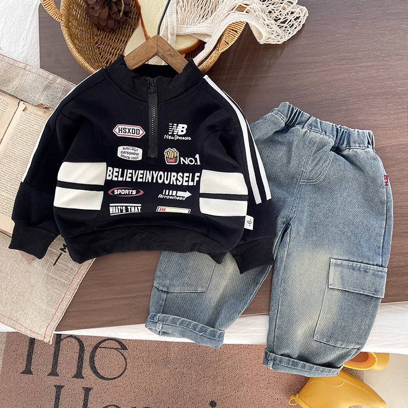 Boys' sports suit spring autumn, motorcycle-style half-zip sweatshirt, long-sleeve casual two-piece set, cool stylish autumn outfit for infants and toddlers