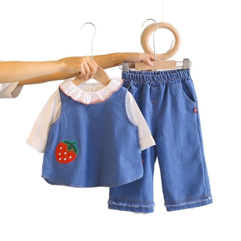 Girls' Spring Outfit 2026 New Fashionable Baby Girl Casual Clothes Children's Strawberry Embroidered Denim Three-Piece Set