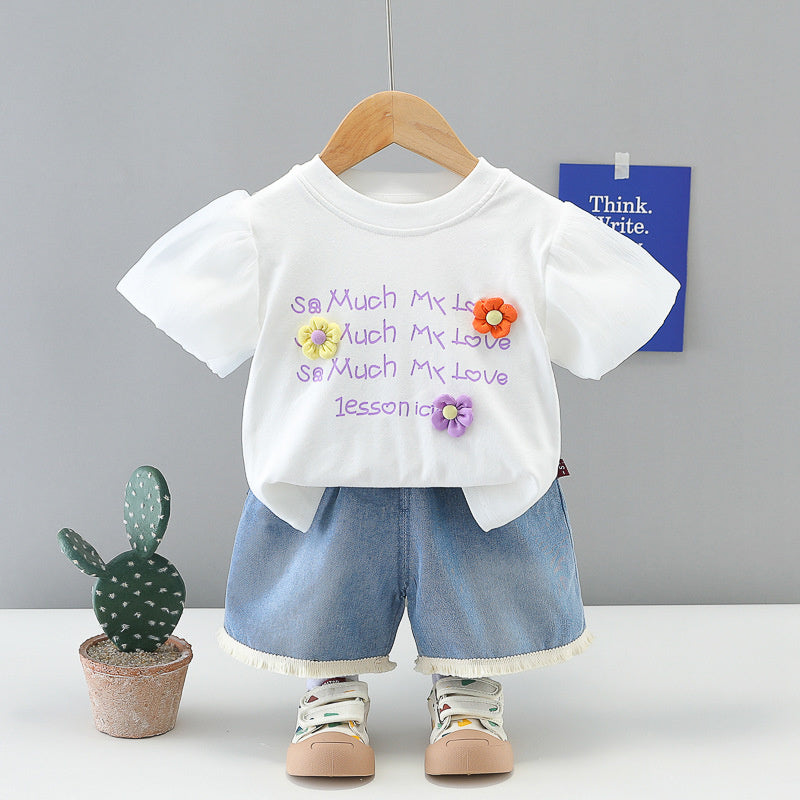 Girls' Outfit 2026 New Fashionable Baby Summer Clothes Three-Flower Short-Sleeve Two-Piece Set Children's Clothing