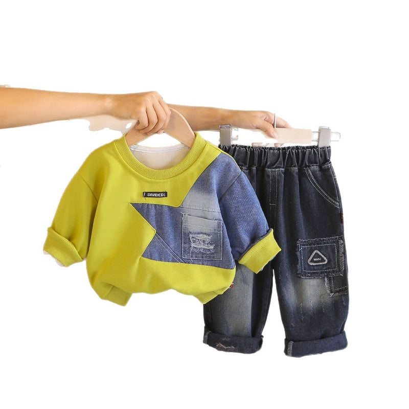 Boys' Casual Outfit 2026 Fashionable Baby Patchwork Pocket Sweatshirt New Two-Piece Set for Spring and Autumn