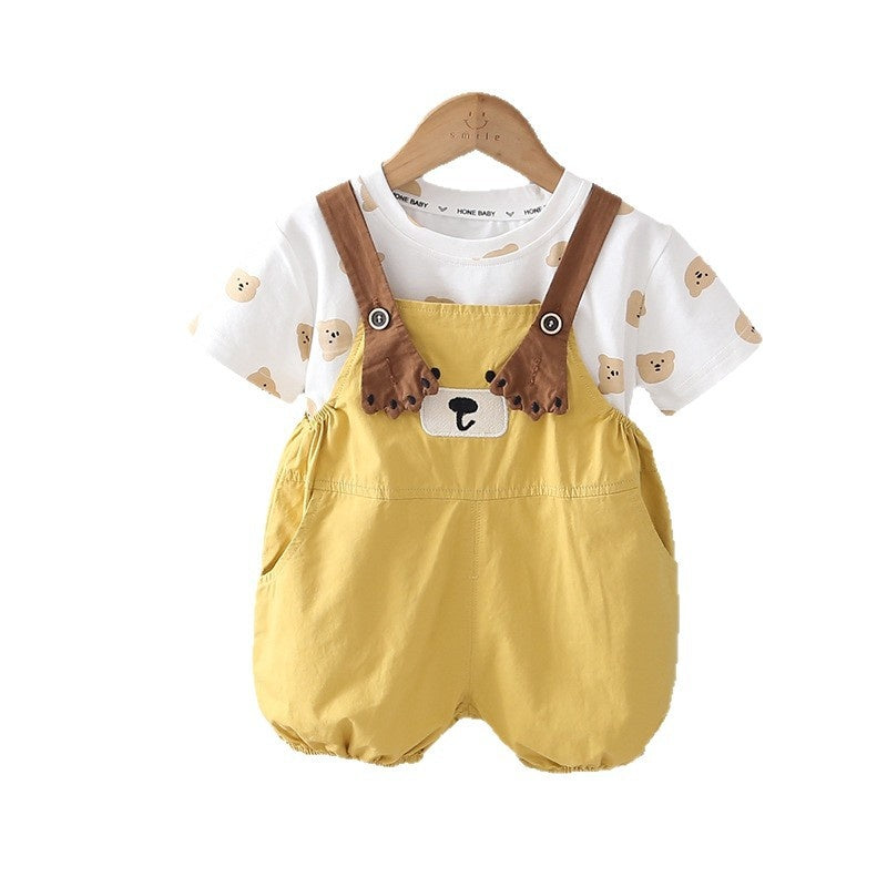 Boys' Outfit 2026 New Style Children's Stylish Bear Overalls Short Sleeve Two-Piece Set Summer Toddler Clothes