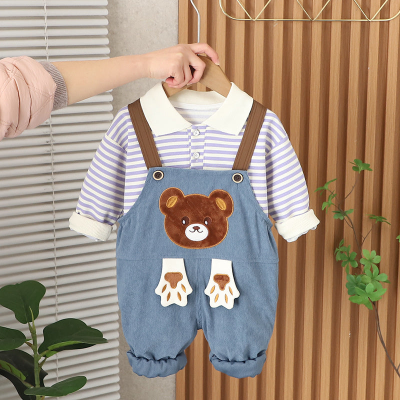 Boys' Striped Sweatshirt 2025 New Children's Spring and Autumn Stylish Cartoon Bear Overalls Two-Piece Set
