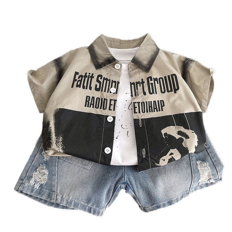 Outfit Children's Summer 2026 New Style Boys' Shadow Print Shirt Three-Piece Set Baby Short-Sleeve Clothes Trendy
