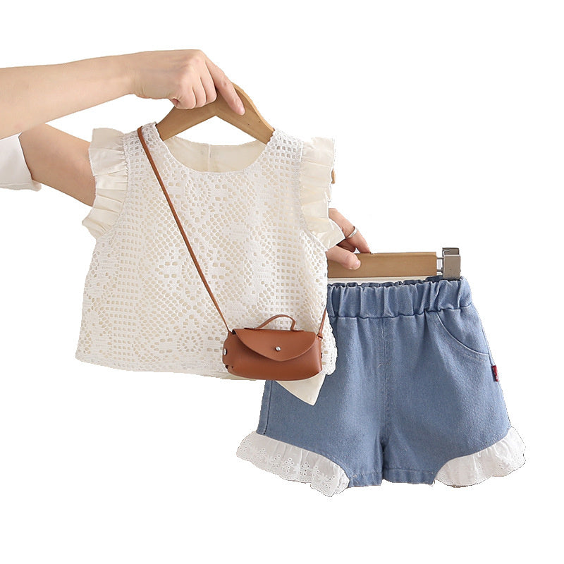 Baby girl's round-neck sleeveless outfit, stylish and trendy children's clothing, summer toddler two-piece set