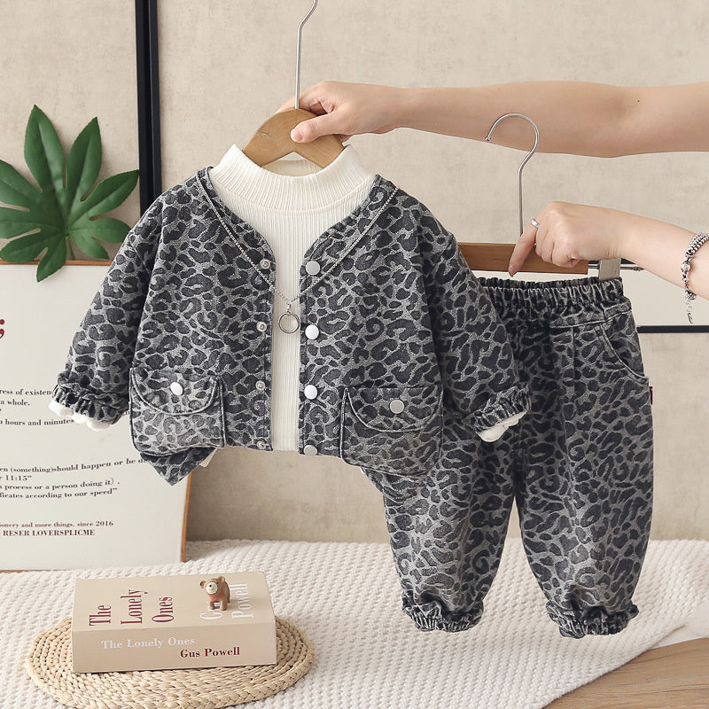Girls' Outfit 2026 Children's Leopard Print Denim Three-Piece Set Baby Korean Style Spring and Autumn Fashion New Wholesale