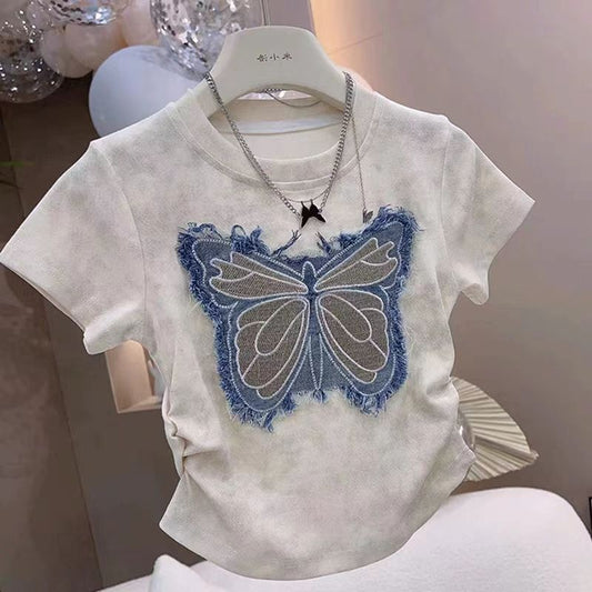 Girls' 2026 Summer New Children's Clothing Set with Unique Bow Embroidered Top and Denim Skirt