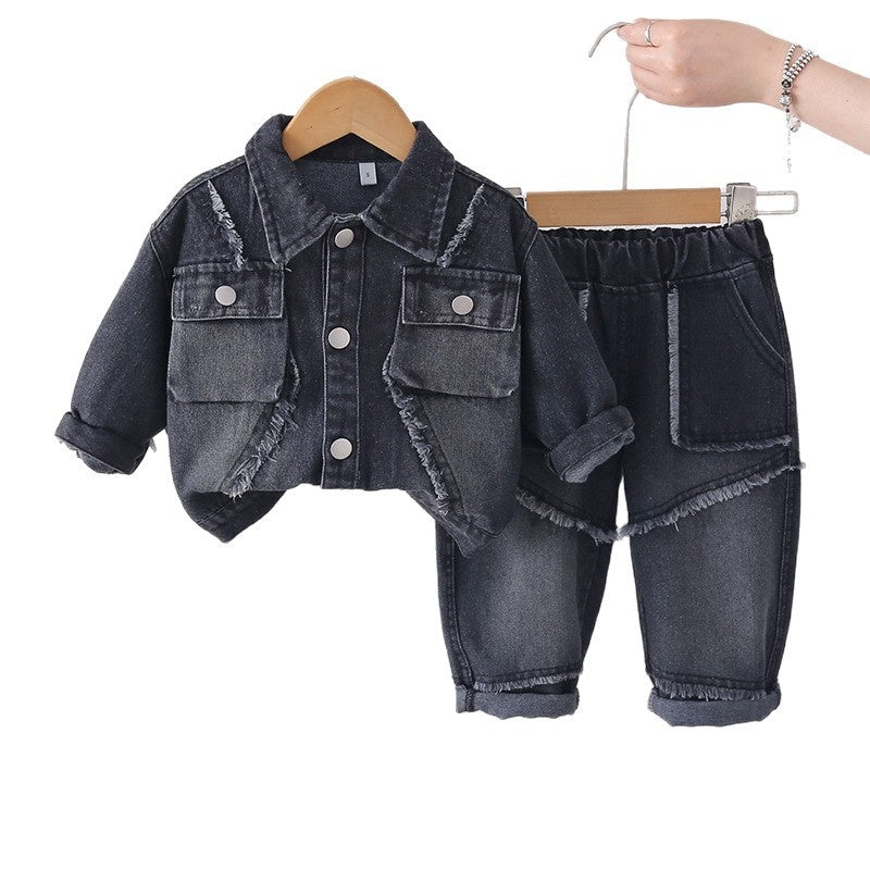 Boys' Suit 2026 New Spring and Autumn Fashionable Children's Stylish Baby Fall Three-Dimensional Frayed Edge Denim Two-Piece Set