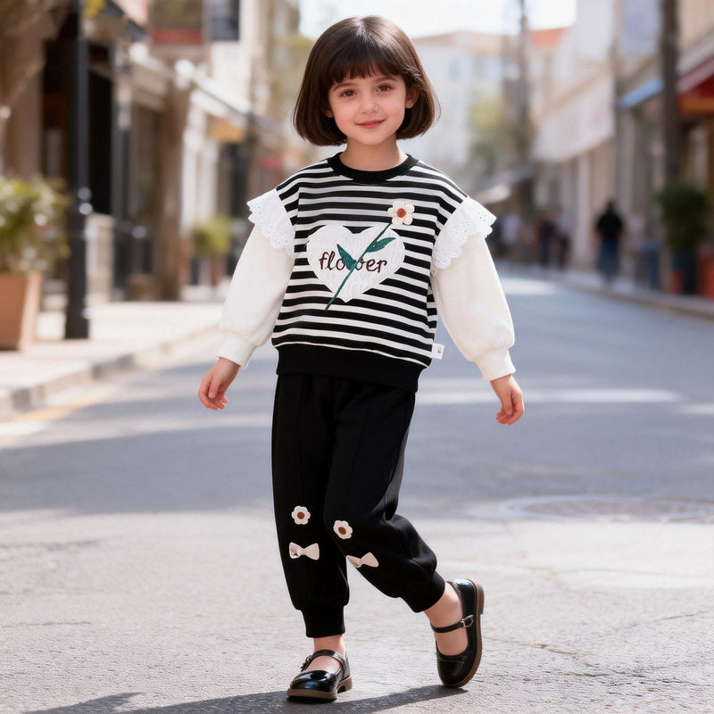 Girls' Striped Heart Flower Sweatshirt Set 2026 New Spring and Autumn Fashionable Baby Children's Casual Long Sleeve Two-Piece Outfit
