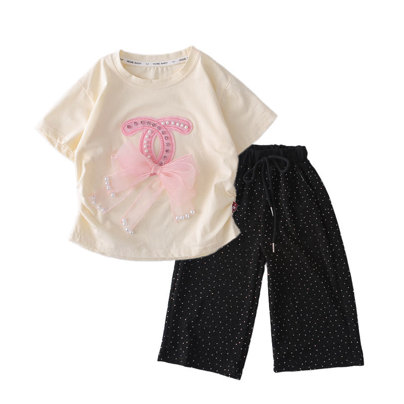 Girls' 2026 Summer New Outfit: Bowknot Short-Sleeve Two-Piece Set with Long Pants for Baby Girls, Children's Clothing