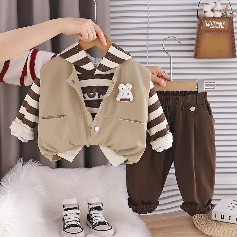 Boys' Set 2026 New Spring and Autumn Fashionable Baby Clothes Striped Vest Three-Piece Trendy Outfit