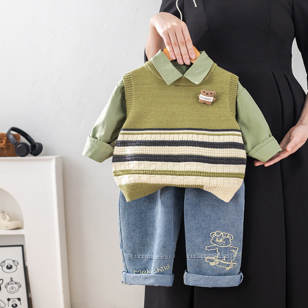 Boys' and Autumn Outfit 2026 New Stylish 1-3 Year Olds, Spring Striped Bear Vest Three-Piece Set for Toddlers