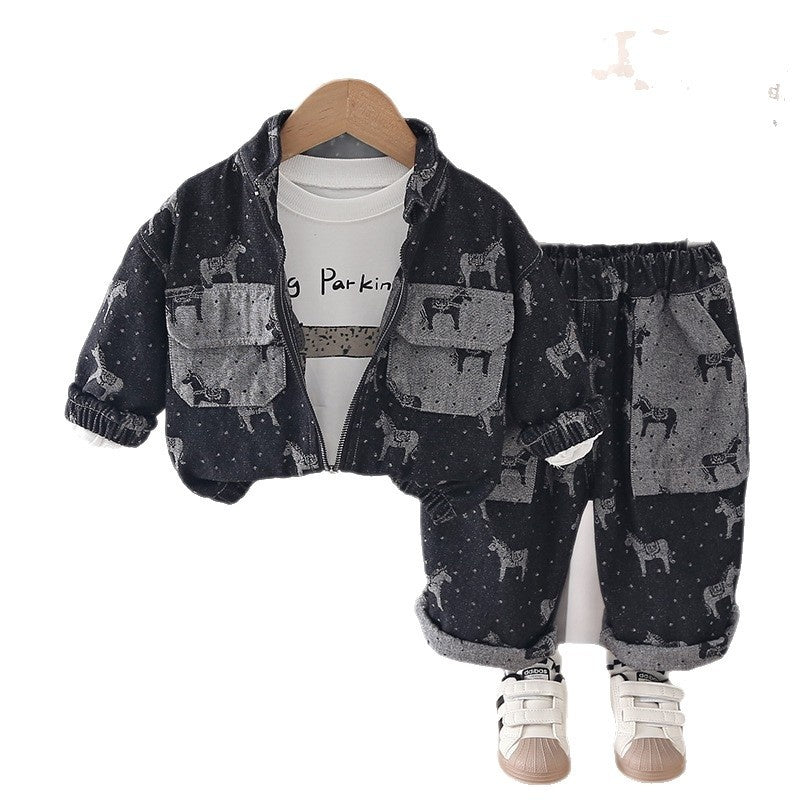 Boys' Outfit 2026 New Fashionable Children's Full-Print Pony Denim Three-Piece Set for Baby Spring and Autumn Casual Wear