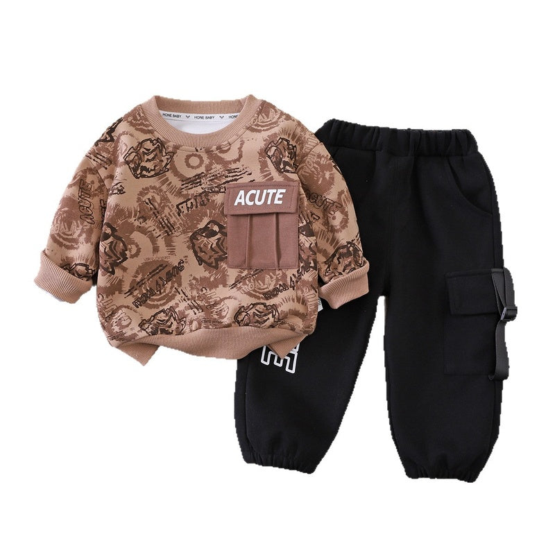 Boys' Outfit Spring and Autumn 2026 New Fashionable Children's Set, Toddler Baby Full-Print Long-Sleeve Sweatshirt Two-Piece Set Trendy