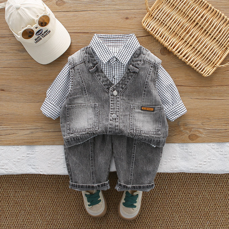 Boys' Outfit 2026 New Set: 4-Plaid Shirt, Denim Vest, Three-Piece Set Spring and Autumn, Stylish for 1-Year-Old Baby