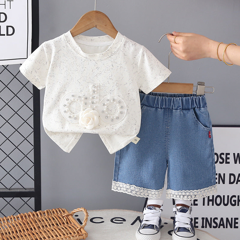 Girls' Summer Outfit 2026: Baby with Rhinestone Letters, Short-Sleeve Denim Shorts, New Trendy Two-Piece Set
