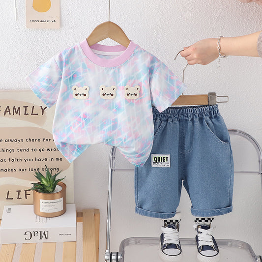 Baby Outfit: Infant Three Little Bears Short Sleeve Two-Piece Set, Boys' Summer Clothing, New 2025 Model for Infants and Toddlers, Dropshipping Available
