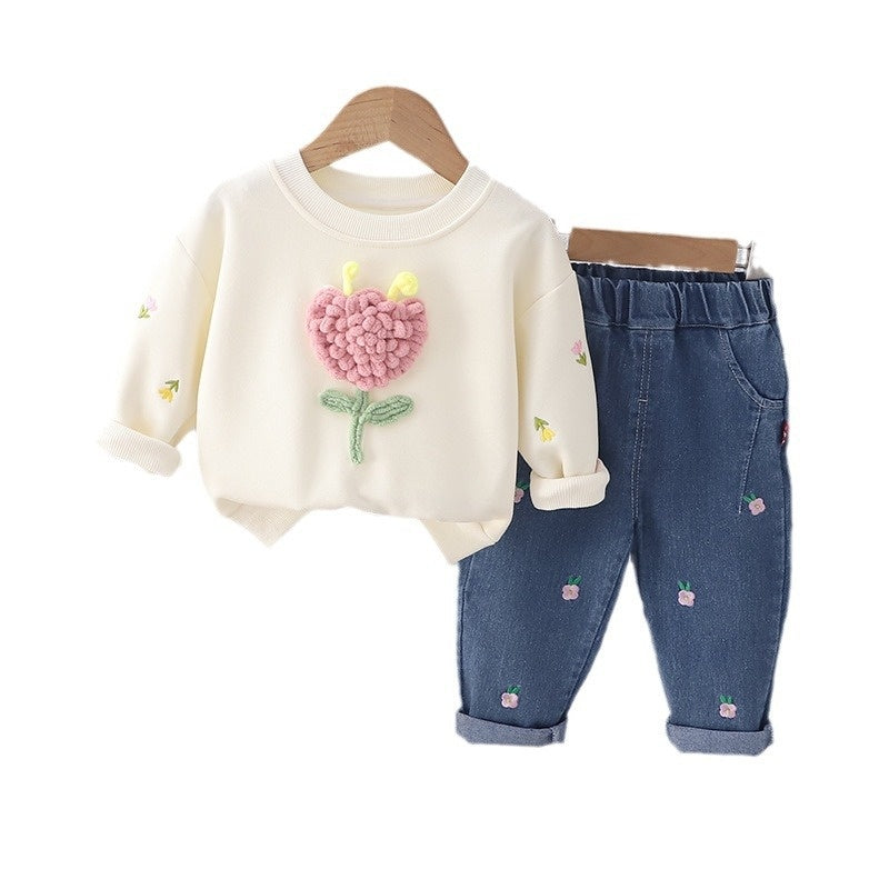 Girls' Outfit 2024 Spring and Autumn New Korean Style Fashionable Toddler Floral Round Neck Long Sleeve Two-Piece Set