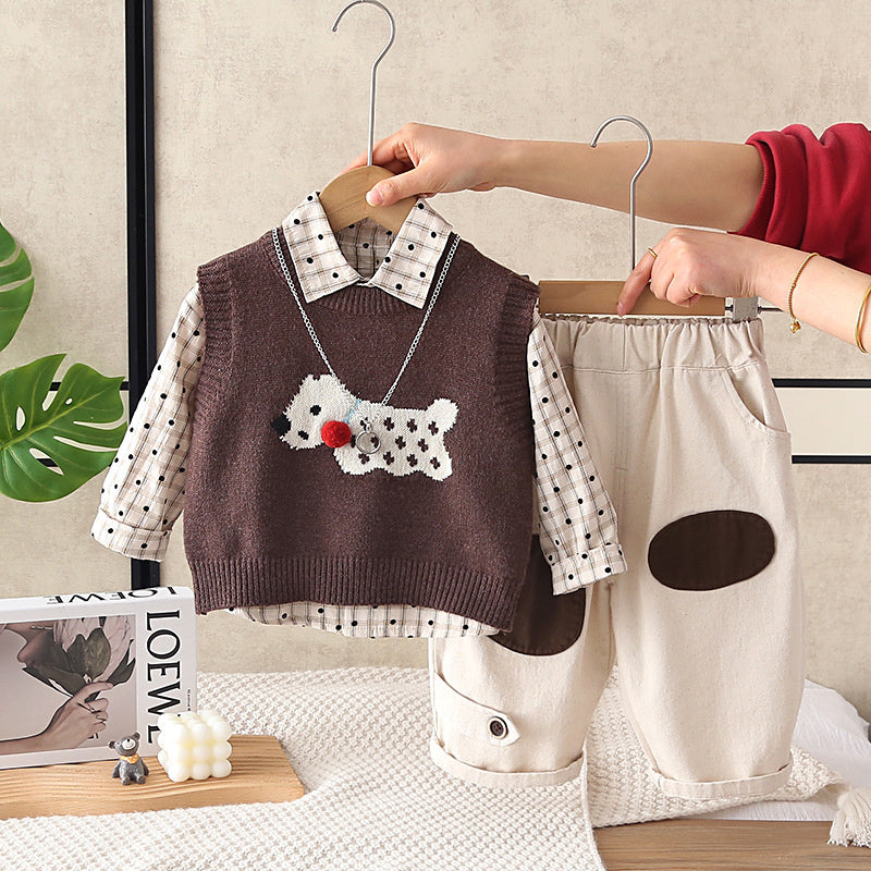 Boys' Outfit 2026 New Fashionable Children's Spring and Autumn Cartoon Puppy Sweater Vest Baby Three-Piece Set