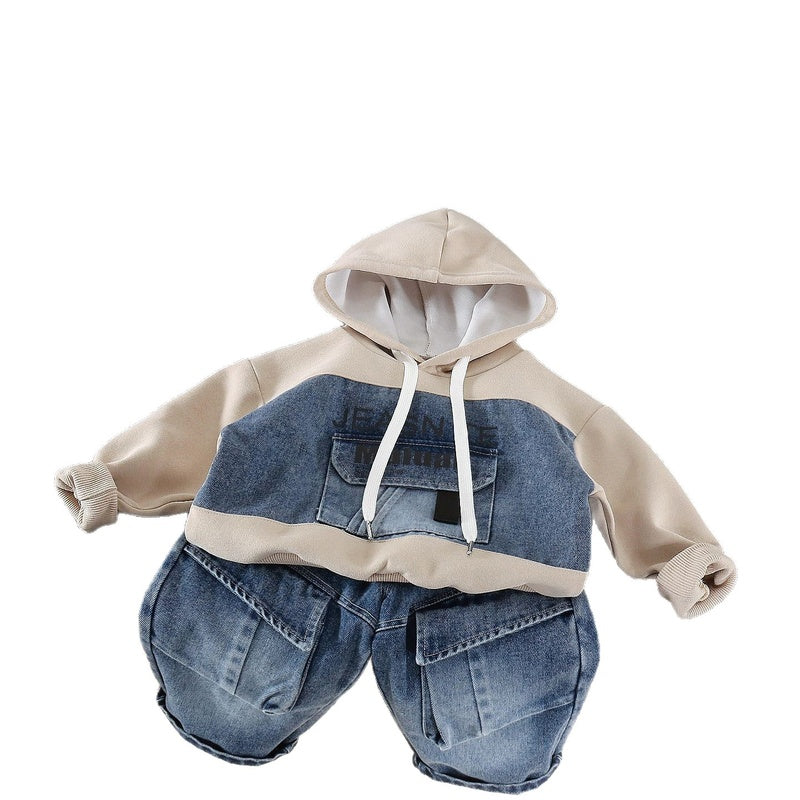 Boys' Spring and Outfit 2026 New Fashionable Children's Hooded Sweatshirt with Large Pockets Two-Piece Set Baby Autumn Casual Wear