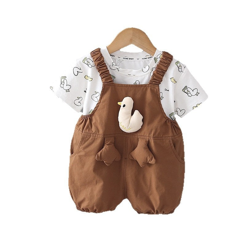 Boys and girls short-sleeve 2026 new summer fashionable children's clothing duckling suspender two-piece set