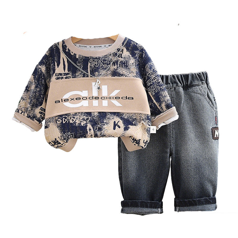Baby Boy Outfit Boys' 1-3 Years Old Toddler Clothes Stylish Spring and Autumn Letter Necklace Sweatshirt Two-Piece Set