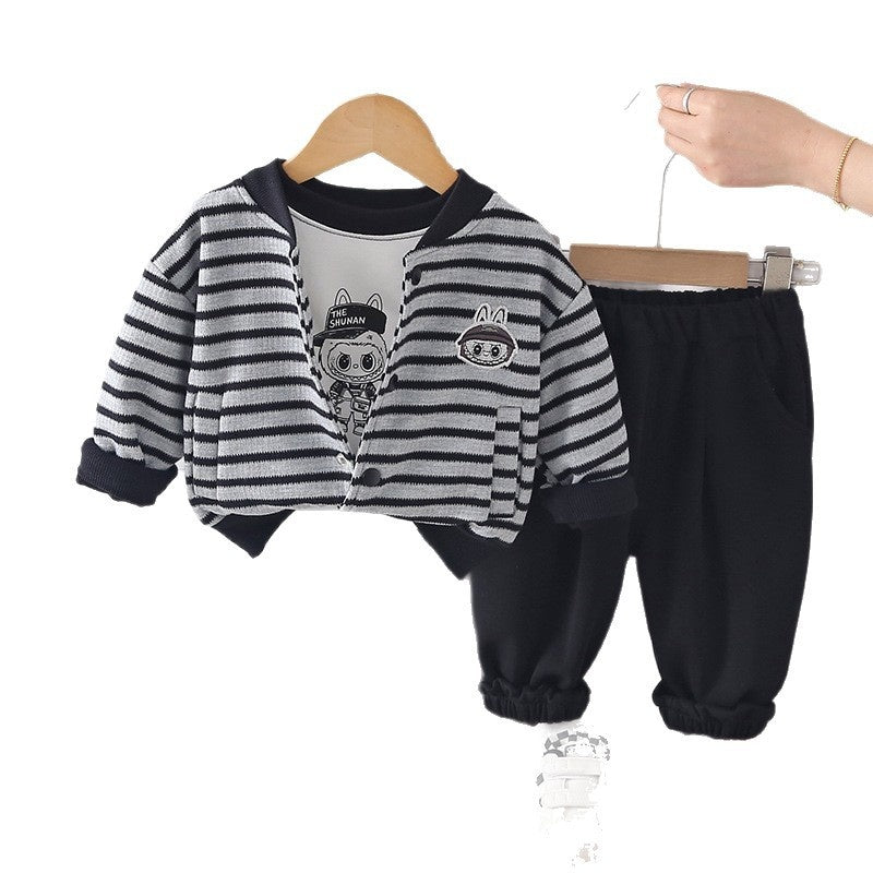 26 New Boys' Fashion Toddler Spring and Autumn Outfit Stylish Striped Jacket Casual Long Pants Three-Piece Set Wholesale Trend