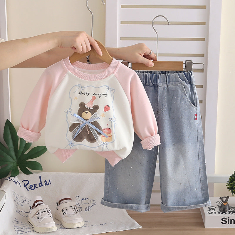 Girls' 2026 New Fashionable Spring and Autumn Outfit for Baby Girls, Trendy Children's Cake Bear Two-Piece Set
