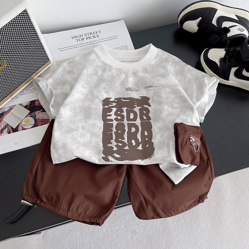 Boys' Summer Outfit 2026 New Trendy Baby Clothes Children's Letter Print Side Pocket Short Sleeve Shorts Two-Piece Set