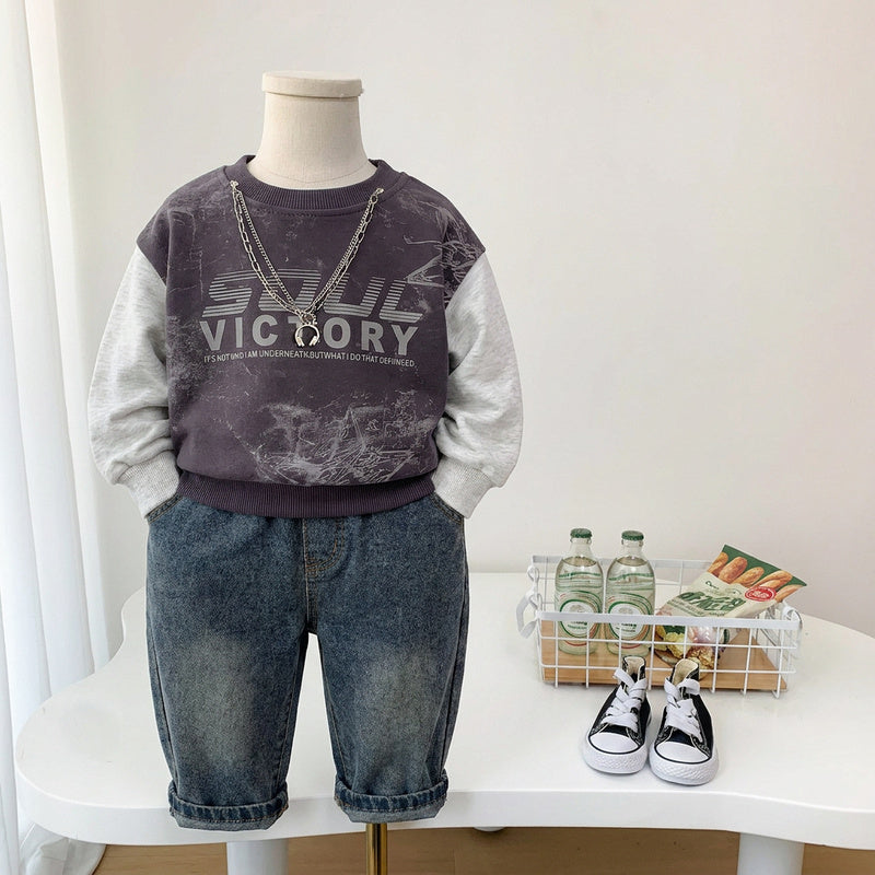 Boys' Outfit for 2026 New Style Children's Letter Necklace Sweatshirt Baby Clothes Spring and Autumn Two-Piece Set