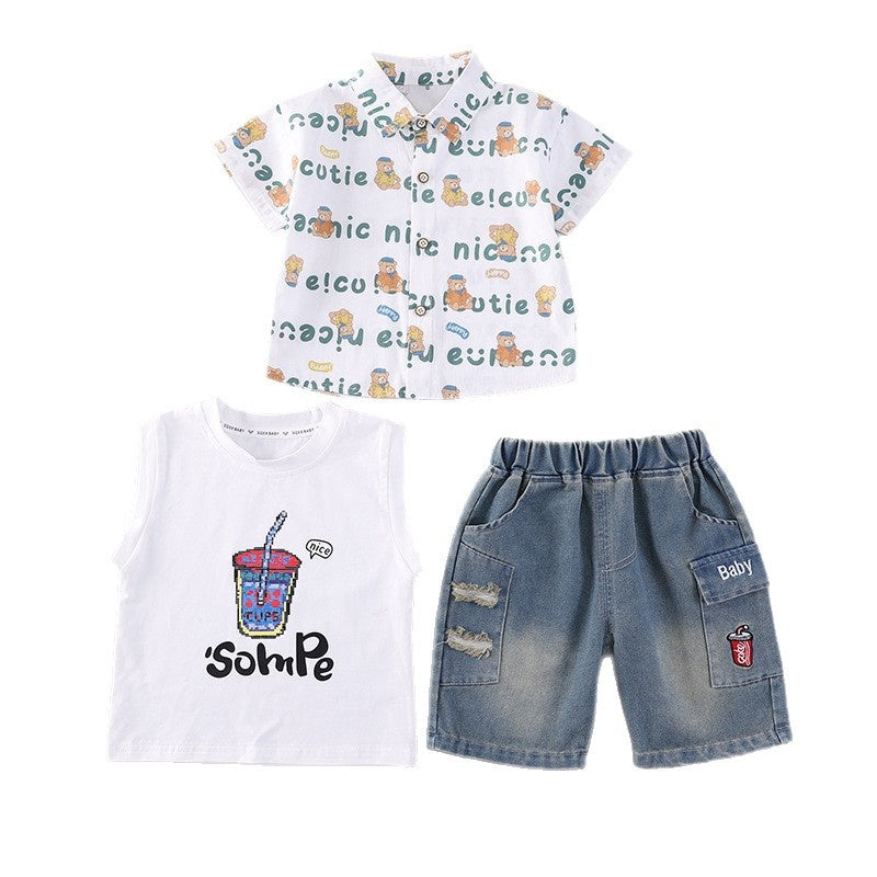 Boys' Outfit 2026 New Fashionable Baby Summer Letter Bear Cardigan Three-Piece Set Infant Children's Clothing