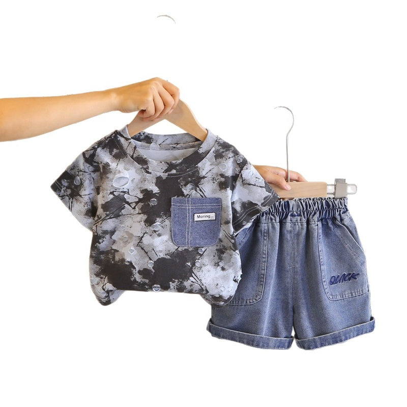 Boys' Outfit 2026 New Style Infant Toddler Clothing Baby Boy Summer Camouflage Pocket Short Sleeve Two-Piece Set Trendy