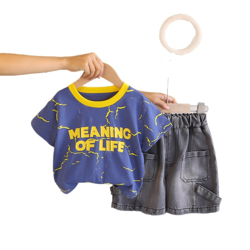 Boys' Outfit 2026 New Style Children's Summer Yellow Collar English Short Sleeve Two-Piece Set for Stylish Little Boys