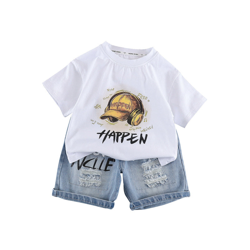 Children's clothing for boys, summer outfit 2026, Korean style, infant and toddler hat, headphones, short-sleeved stylish two-piece set