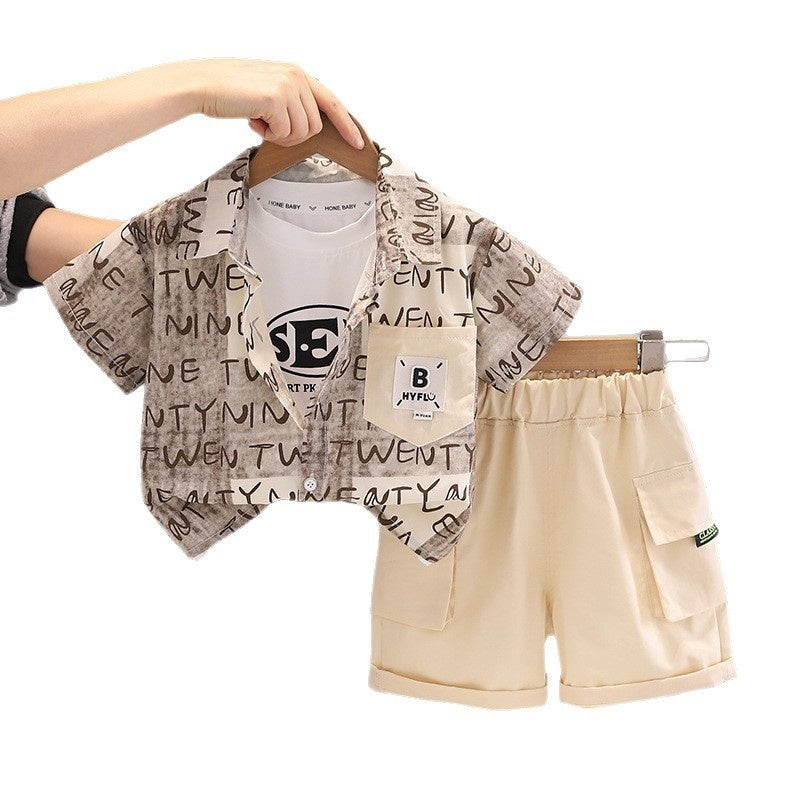 Boys' Outfit 2026 New Fashionable Toddler Summer Pocket Letter Shirt Short Sleeve Lightweight Clothing