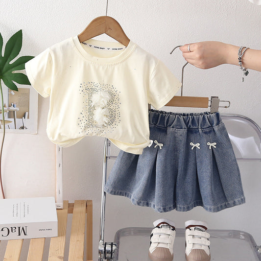 Outfit 2026 New Fashionable Children's Clothing with Rhinestones Short Sleeve Baby Girl Summer Two-Piece Set