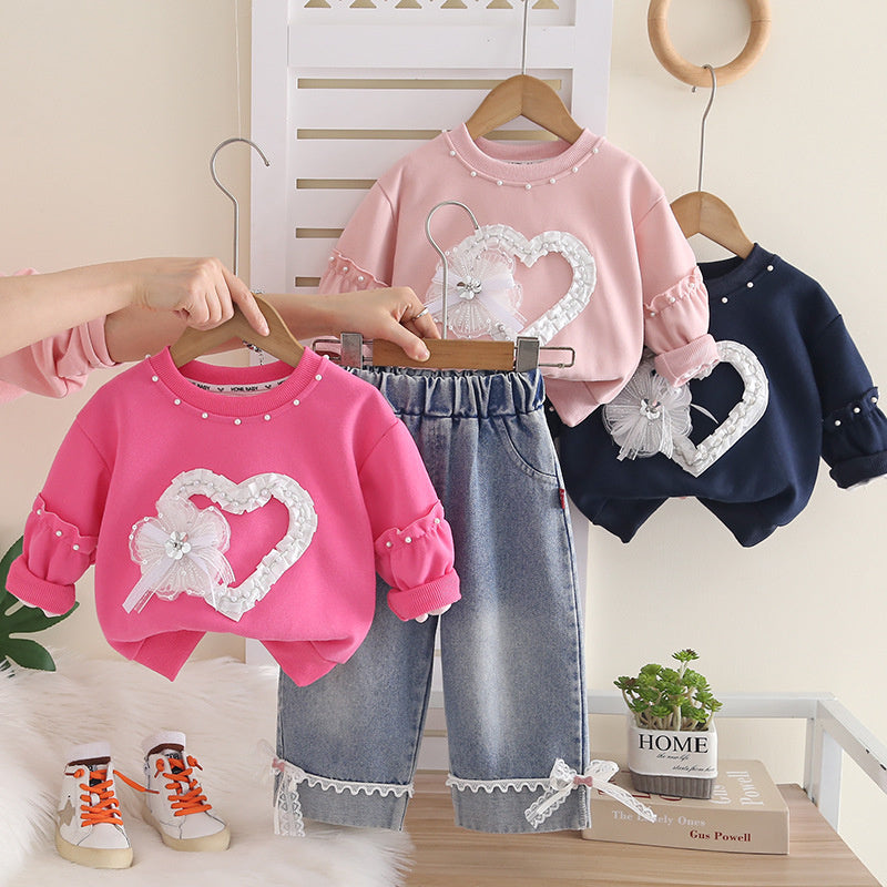 Girls' Outfit 2026 New Fashionable Baby Spring Autumn Heart-Shaped Lace Two-Piece Set for Infants and Girls