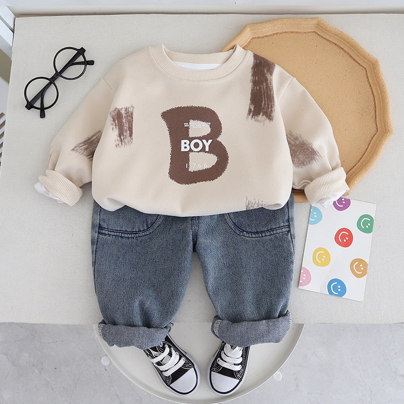 Boys' Outfit 2024 New Stylish Children's Clothing Spring and Autumn One-Year-Old Baby Letter Round Neck Two-Piece Set