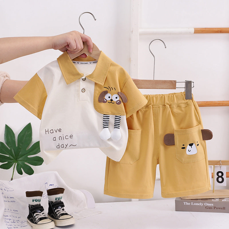 Boys' Suit 2026 New Style Color-Block Animal Placket Two-Piece Set Infant Short-Sleeve Baby Summer Clothes