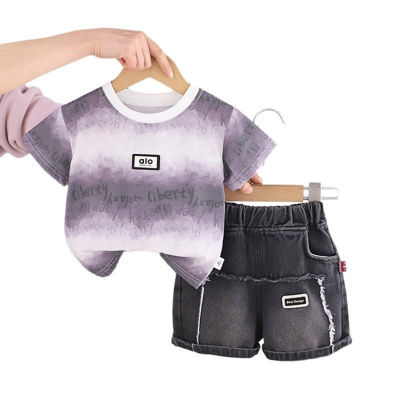 Boys' 2026 Short Sleeve New Children's Round Neck Letter Logo Workwear Summer Outfit Baby Two-Piece Trendy Set