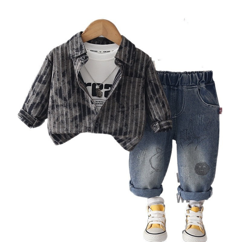 Boys' Outfit 2026 New Stylish Children's Clothing Three-Piece Set Baby Spring and Autumn Striped Shirt Jacket