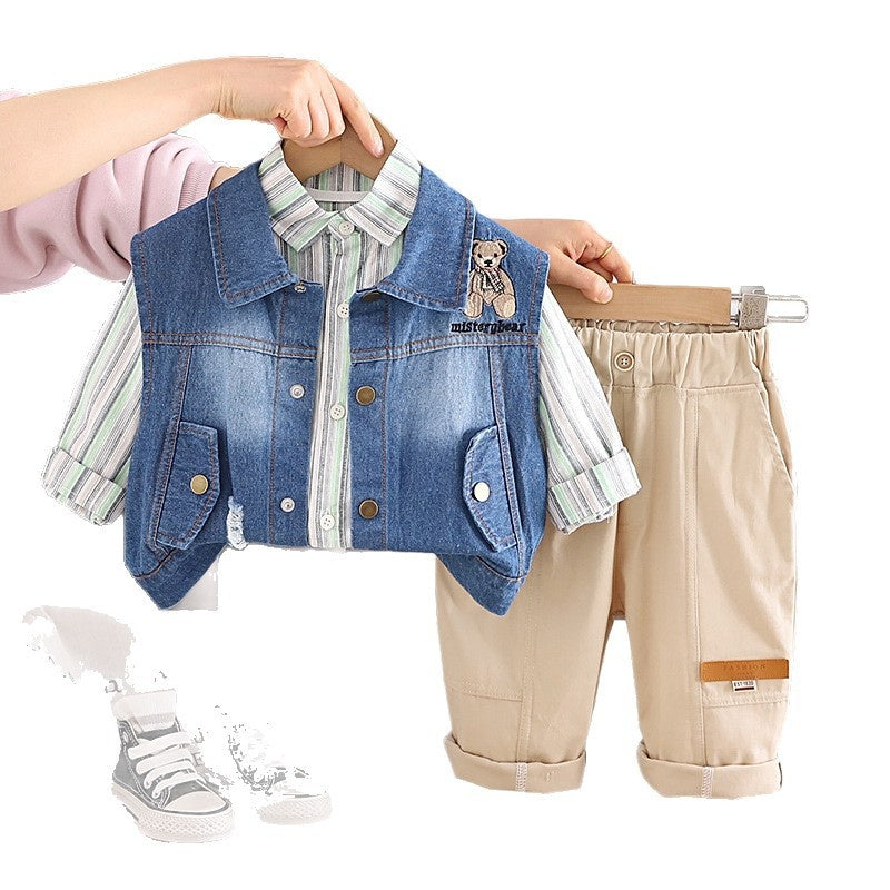 Boys' 2026 Spring and New Fashionable Children's Autumn Outfit Stylish Denim Jacket Three-Piece Set Baby Casual Wear