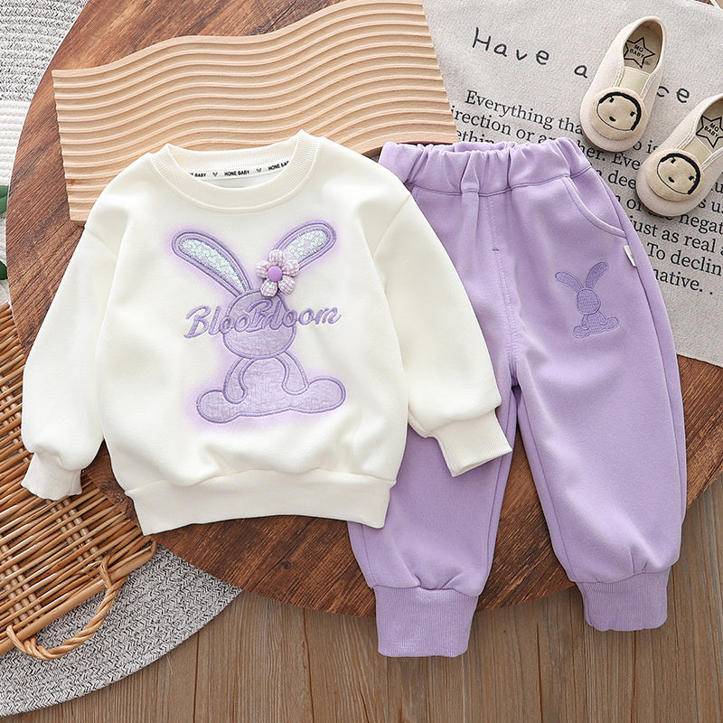1-4 Years Old Baby Outfit Spring Fashionable Girl Clothing Korean Style Infant Toddler Clothes 3 Flowers Rabbit Two-Piece Set