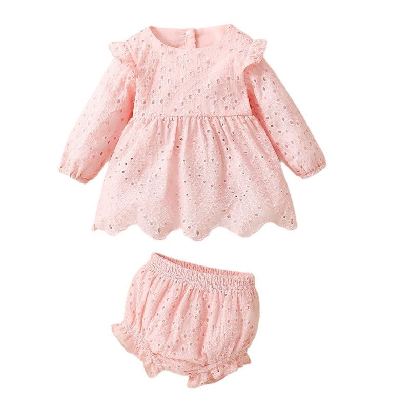Popular pure infant toddler long-sleeve dress with cotton trim and dyed details + shorts two-piece set, lightweight style