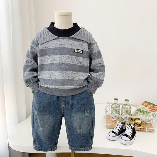 Boys' Outfit 2026 New Style Children's Turn-down Collar Wide Stripe Sweatshirt Two-piece Set Baby Spring and Autumn Casual Trend